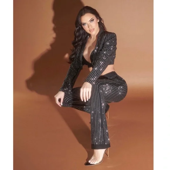 Pinstripe Rhinestone Cropped Blazer - Picture 2 of 6